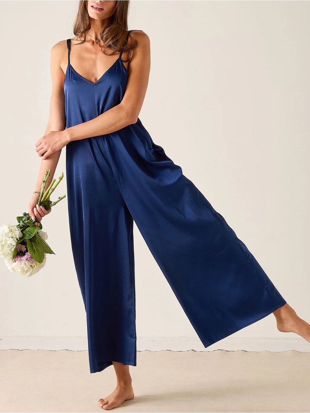 Mersea x Selma Blair Navy Satin Wide-Leg Jumpsuit